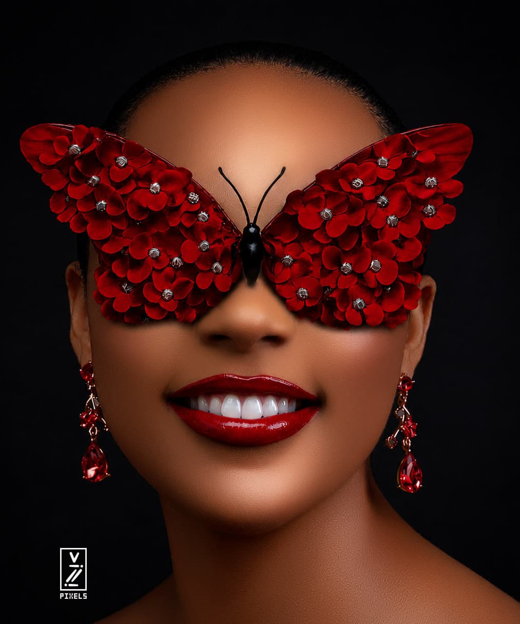 Close conceptual portrait with red floral butterfly eyewear
