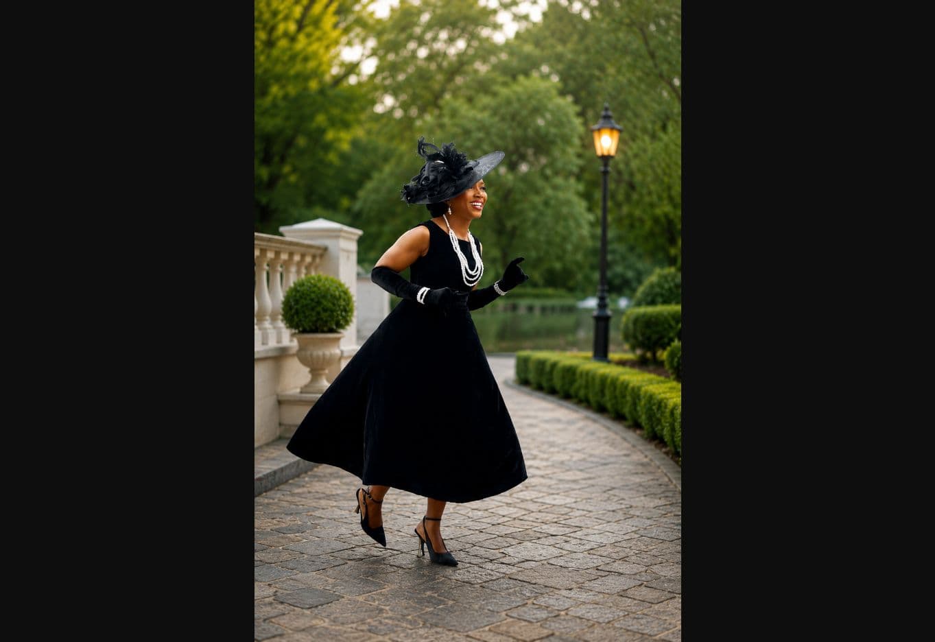 Outdoor occasion portrait in a black dress and hat