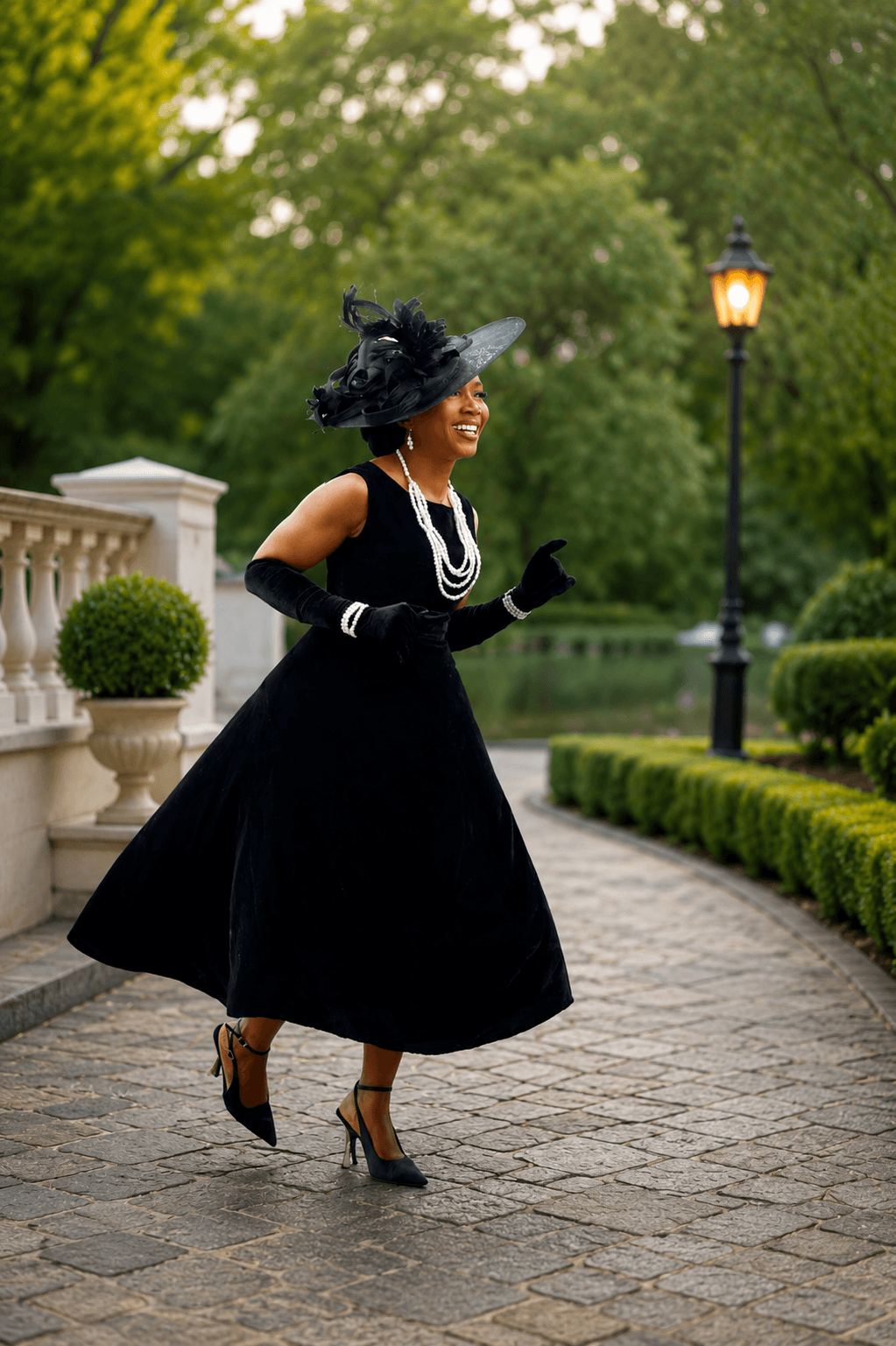 Outdoor occasion portrait in a black dress and hat