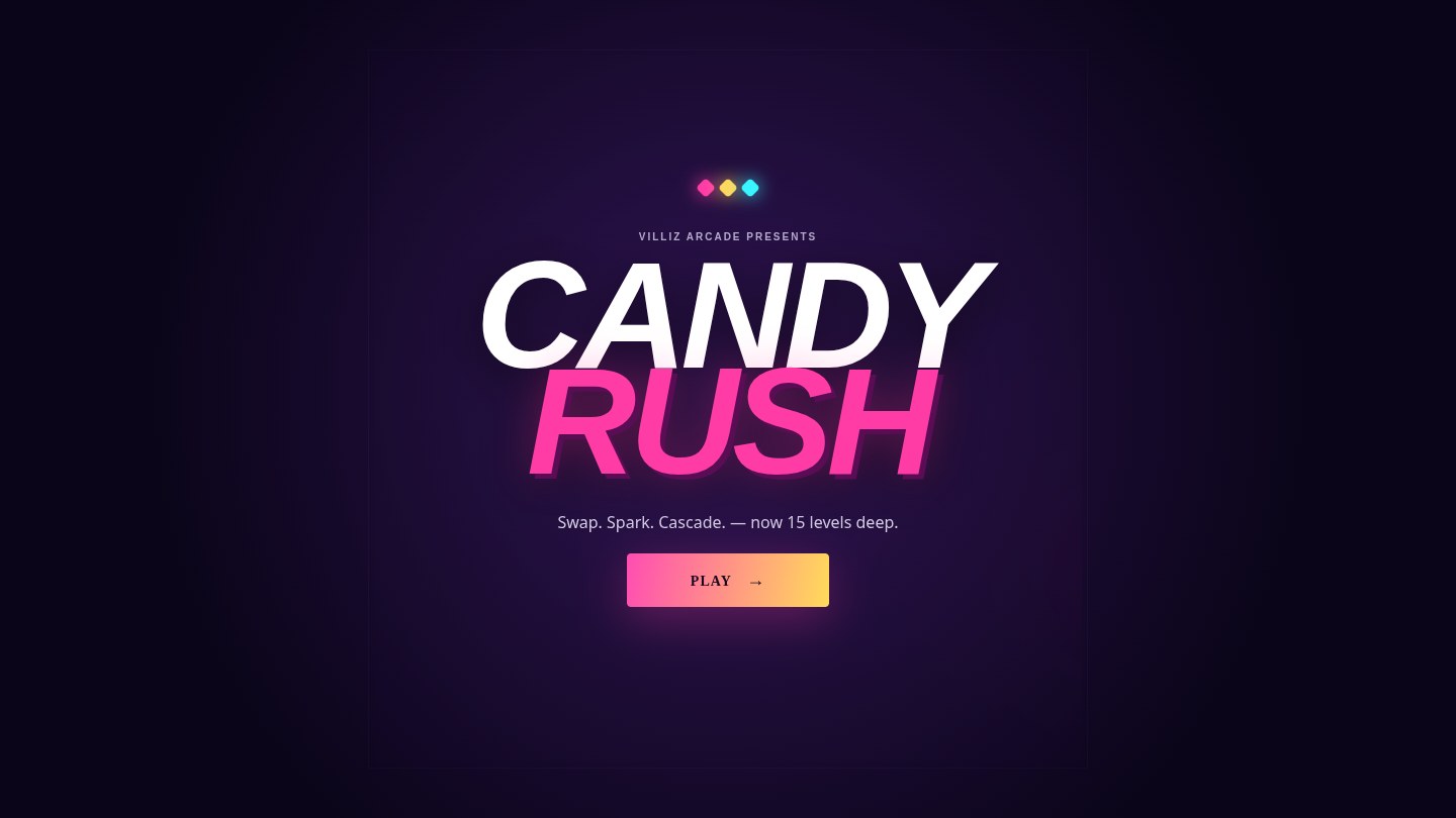 Candy Rush title screen in the Villiz arcade shell