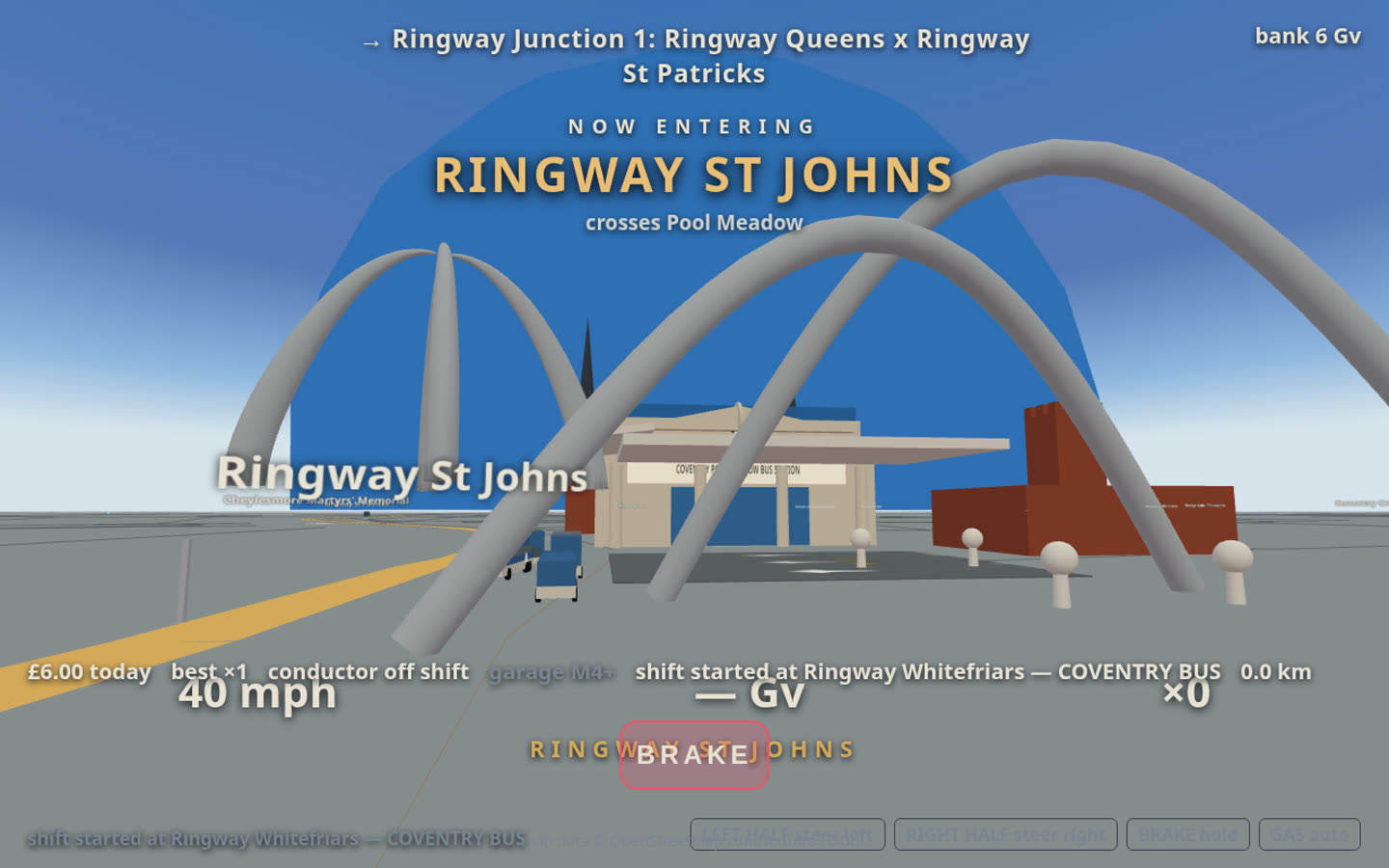 Coventry Run in-world — the Whittle arches junction in the 3D city, chase view